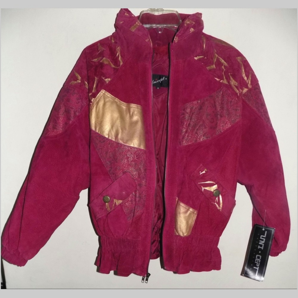 NWT Heavy suede and leather jacket M Wine Gold Insulated Zip Short Moto Biker